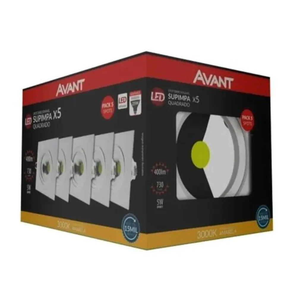 Kit 5 Spots LED Quadrados de Embutir 5W Branco Quente (3000K)