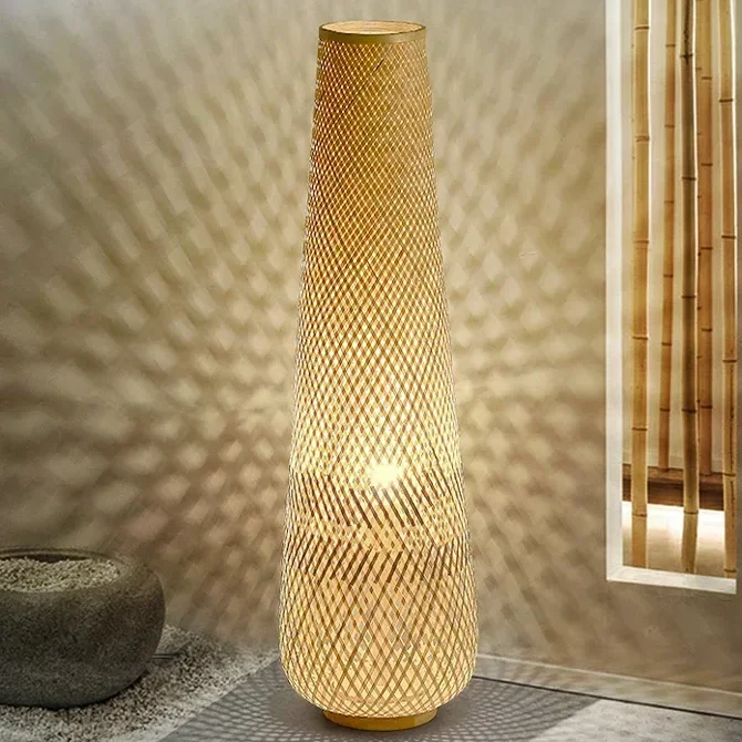 Luminária de Chão Bambu Natural Rústico Trama Artesanal