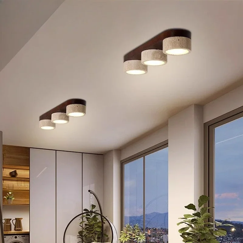 Lustre Pendente de Pedra Travertino Veneto com Detalhes em Madeira