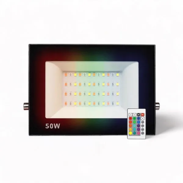 Refletor LED Colorido 50W RGB com Controle Remoto para Jardim