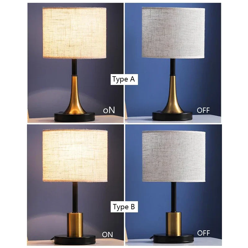 Abajur Moderno Preto e Dourado com Cúpula de Tecido