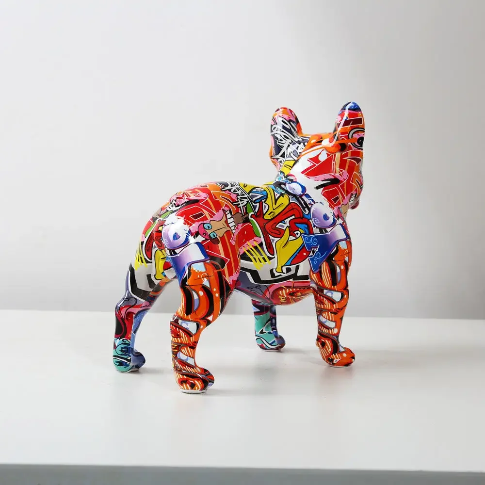 Escultura Bulldog Francês Colorido Decorativo de Resina - Estilo Moderno
