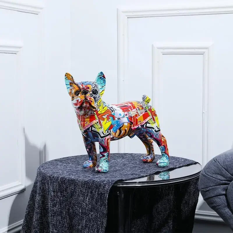 Escultura Bulldog Francês Colorido Decorativo de Resina - Estilo Moderno