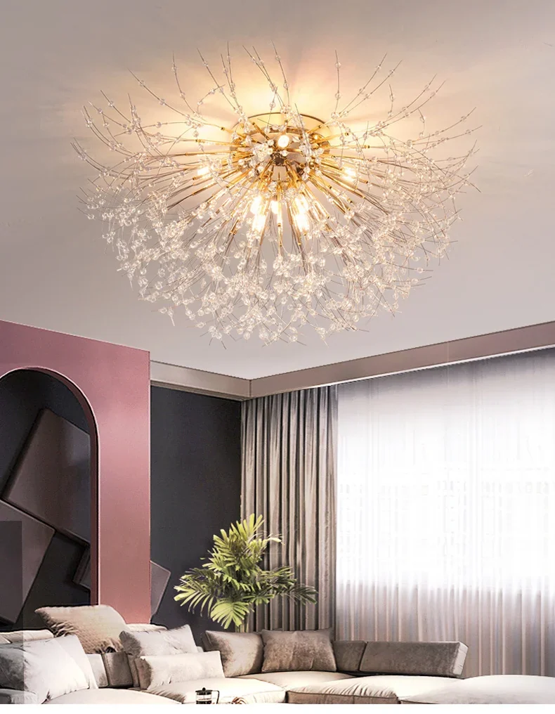 Lustre LED Dente de Leão - Design Sofisticado com Cristais Dourados