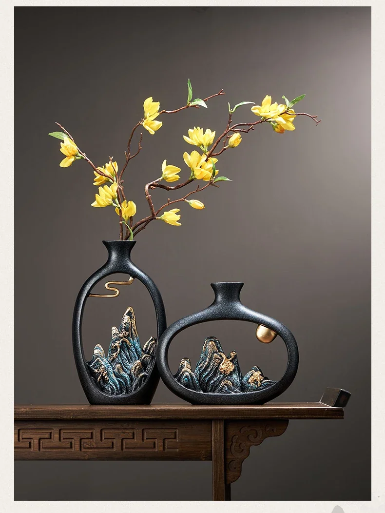 Escultura Vaso Decorativo Luxo Estilo Chinês em Resina
