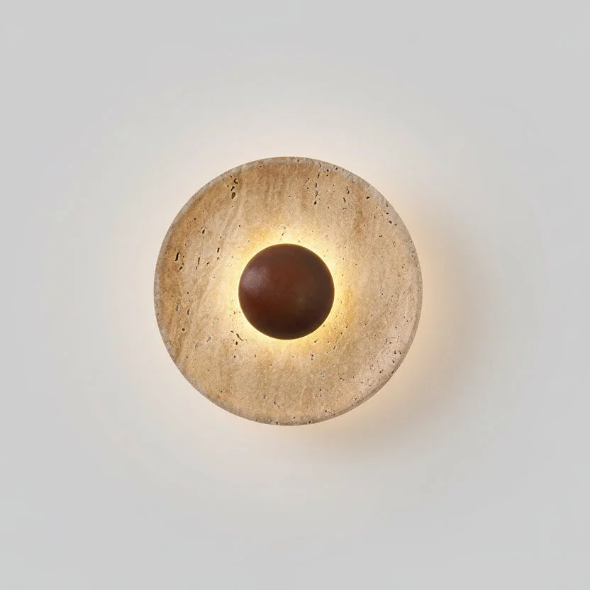 Arandela Iris em Pedra Travertino e Madeira Bivolt com LED Quente