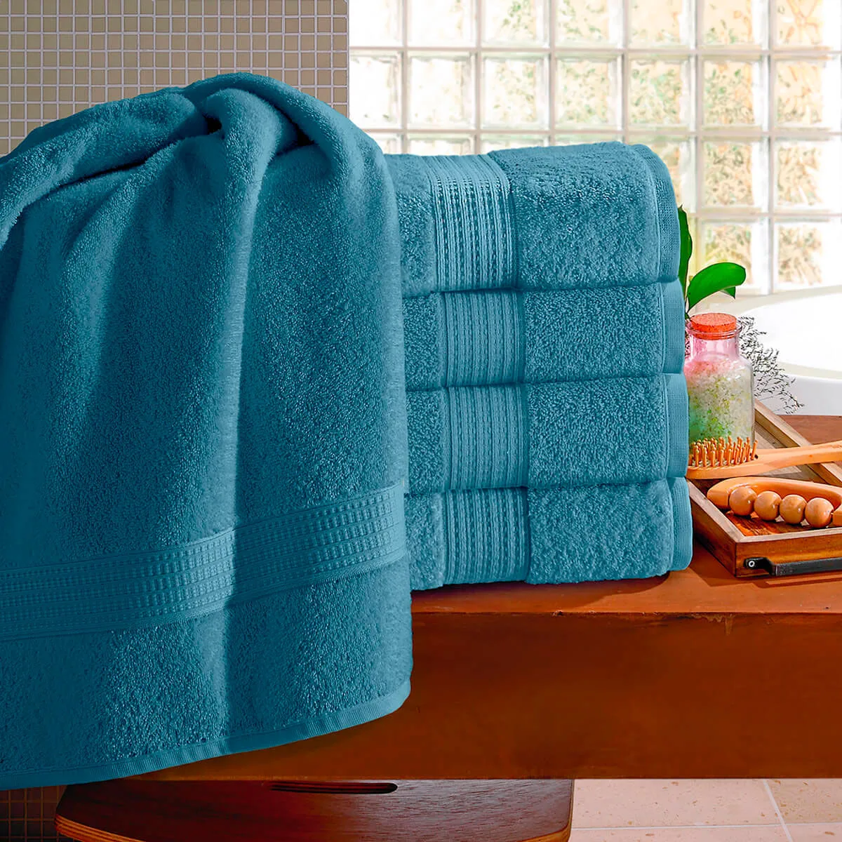 Kit Toalha de Banho 4 Peças 100% Algodão, 440g/m², 70x140cm, Barra Decorada