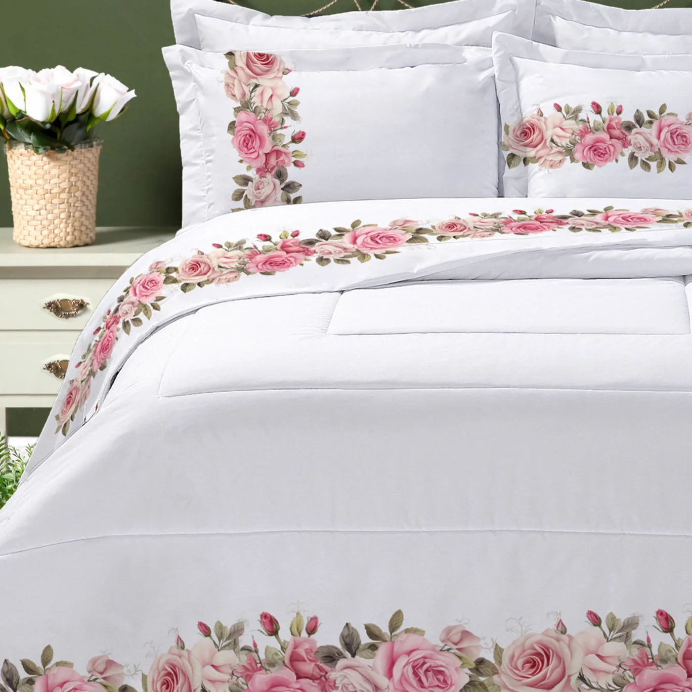 Edredom King Estampado Rosas Percal 300 Fios - 3 Peças