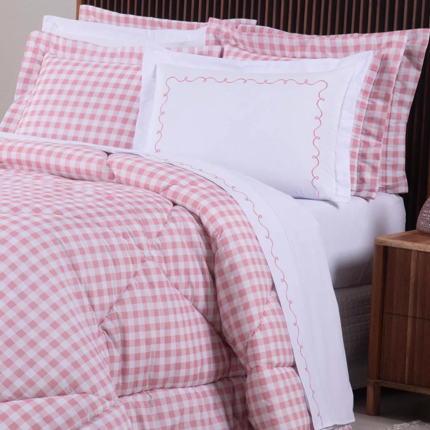 Kit Cama Completa Solteiro Xadrez Bordado 5 Peças Algodão