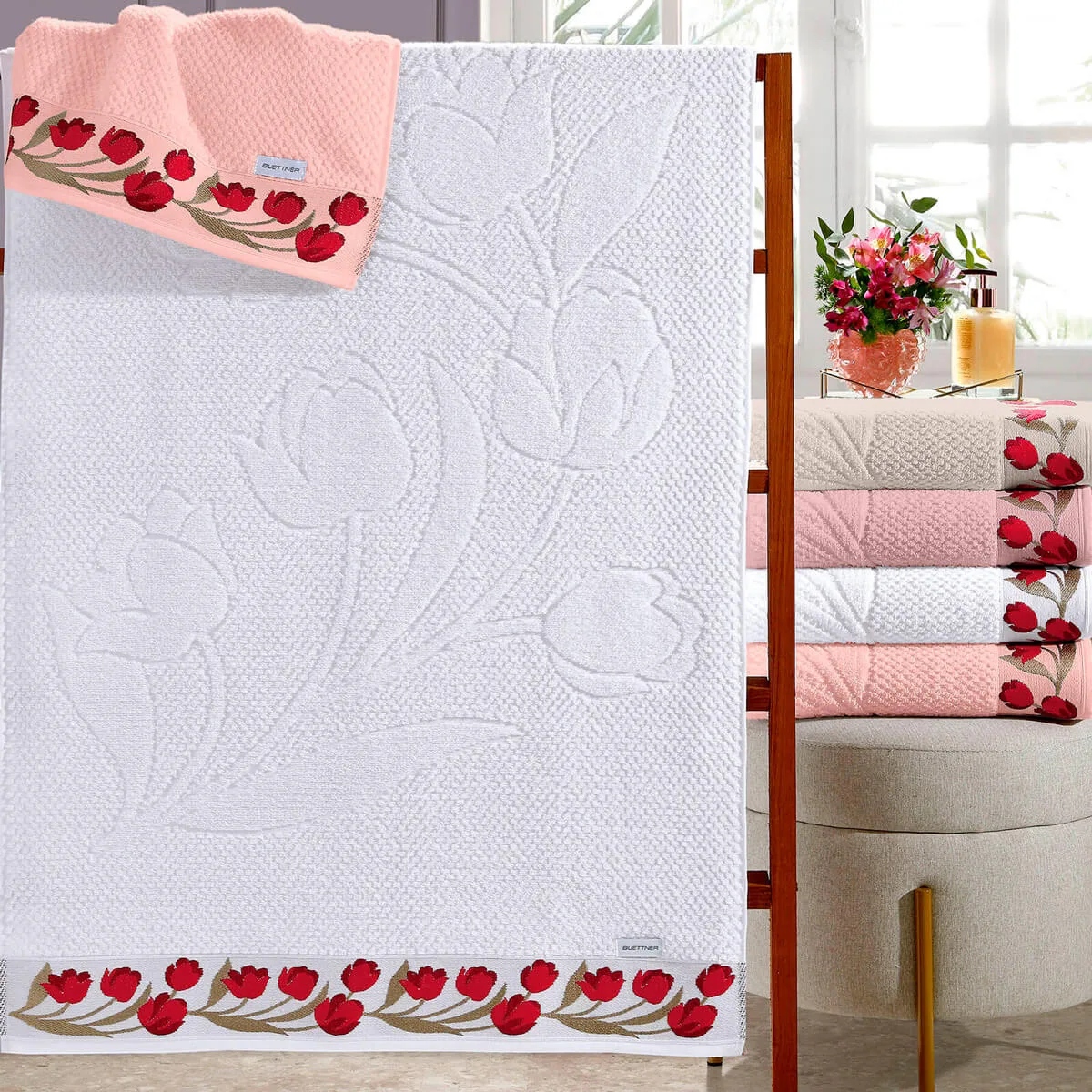 Toalha de Rosto Jacquard Algodão com Poliéster 460g/m² Floral 50x70cm