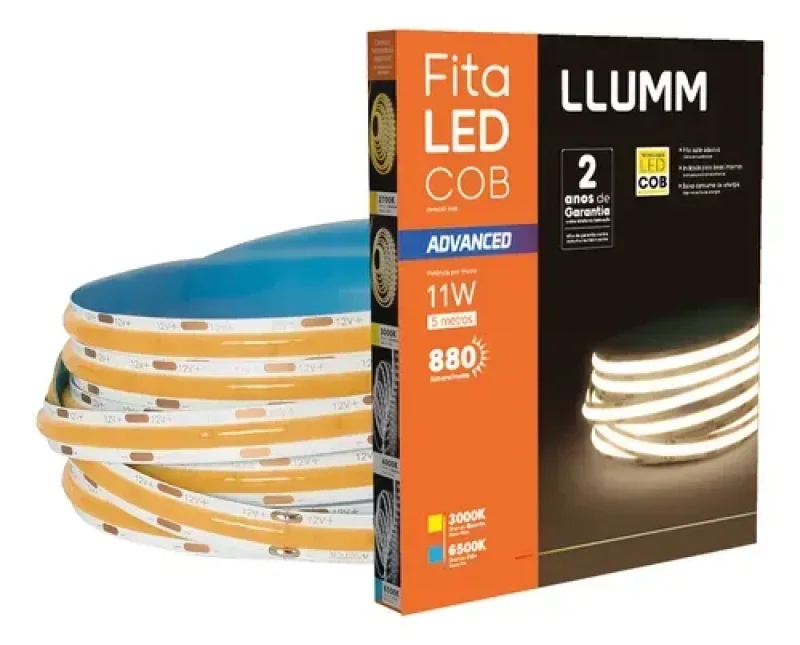 Fita LED COB Branca 6000K 5m 11W – Iluminação Contínua e Moderna