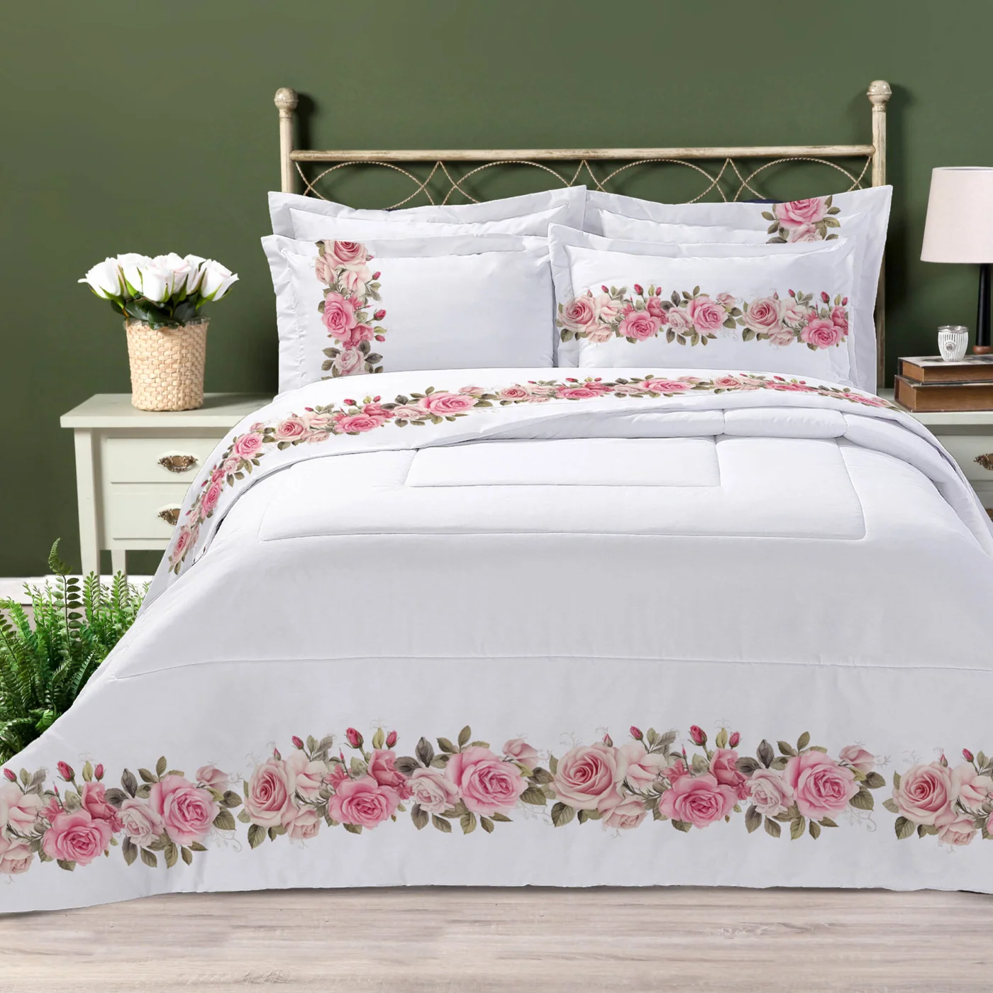 Edredom Queen Estampado Rosas 300 Fios - 3 Peças