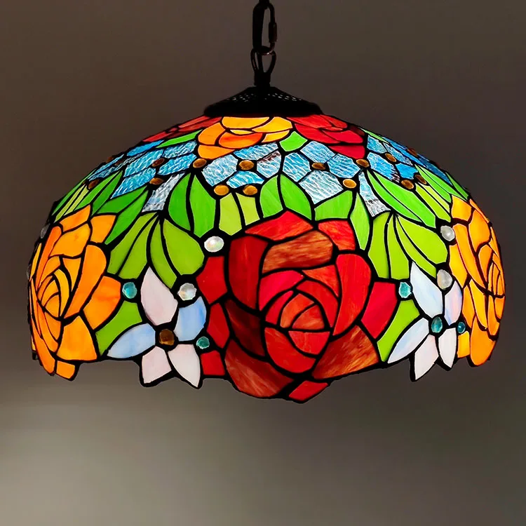 Pendente / Plafon Tiffany 16" Rosas — Vitral Artesanal