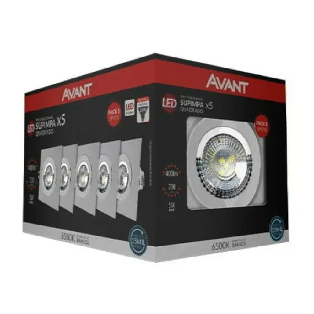 Kit 5 Spots LED Quadrados de Embutir 5W Branco Frio (6500K)