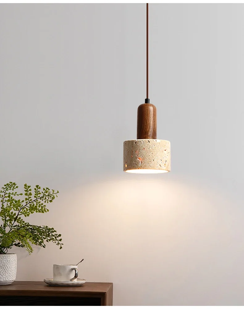 Pendente de Teto Fany em Pedra Travertino e Madeira para Iluminação Aconchegante