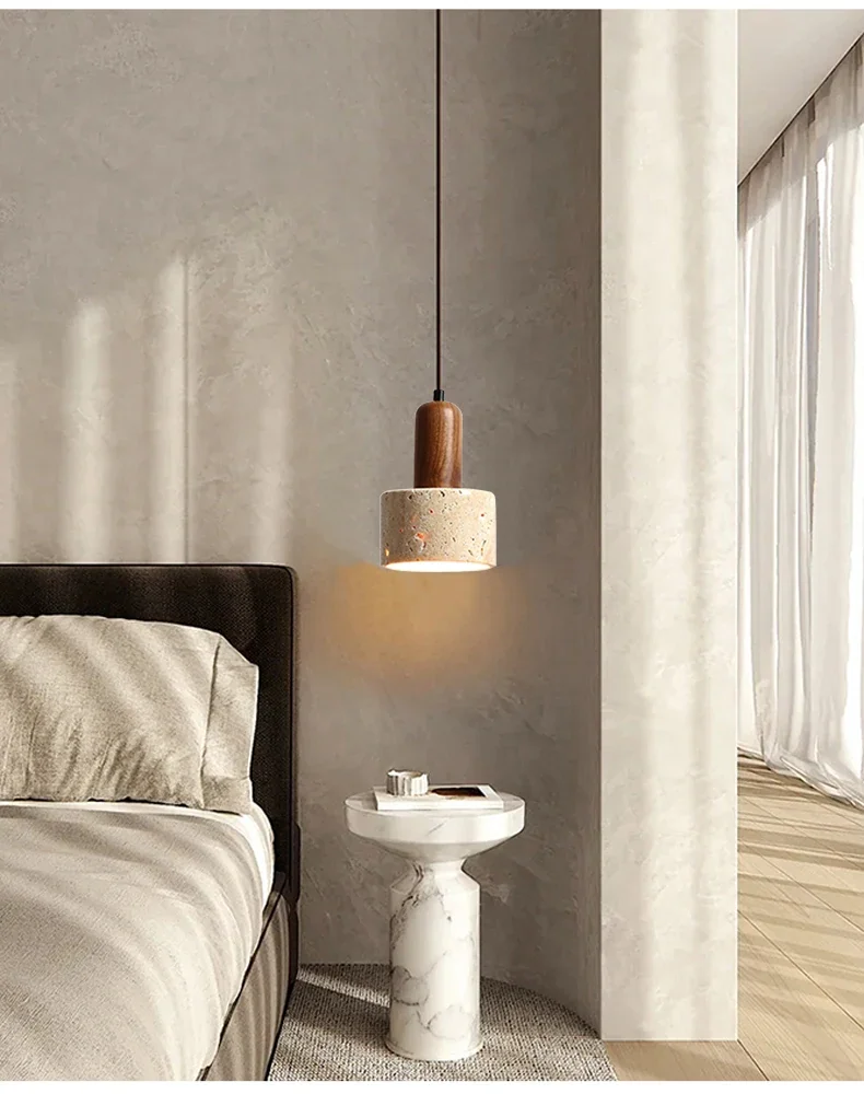 Pendente de Teto Fany em Pedra Travertino e Madeira para Iluminação Aconchegante