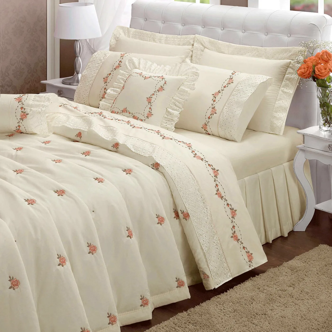 Cobre Leito Queen Algodão Bordado Floral 6 Peças