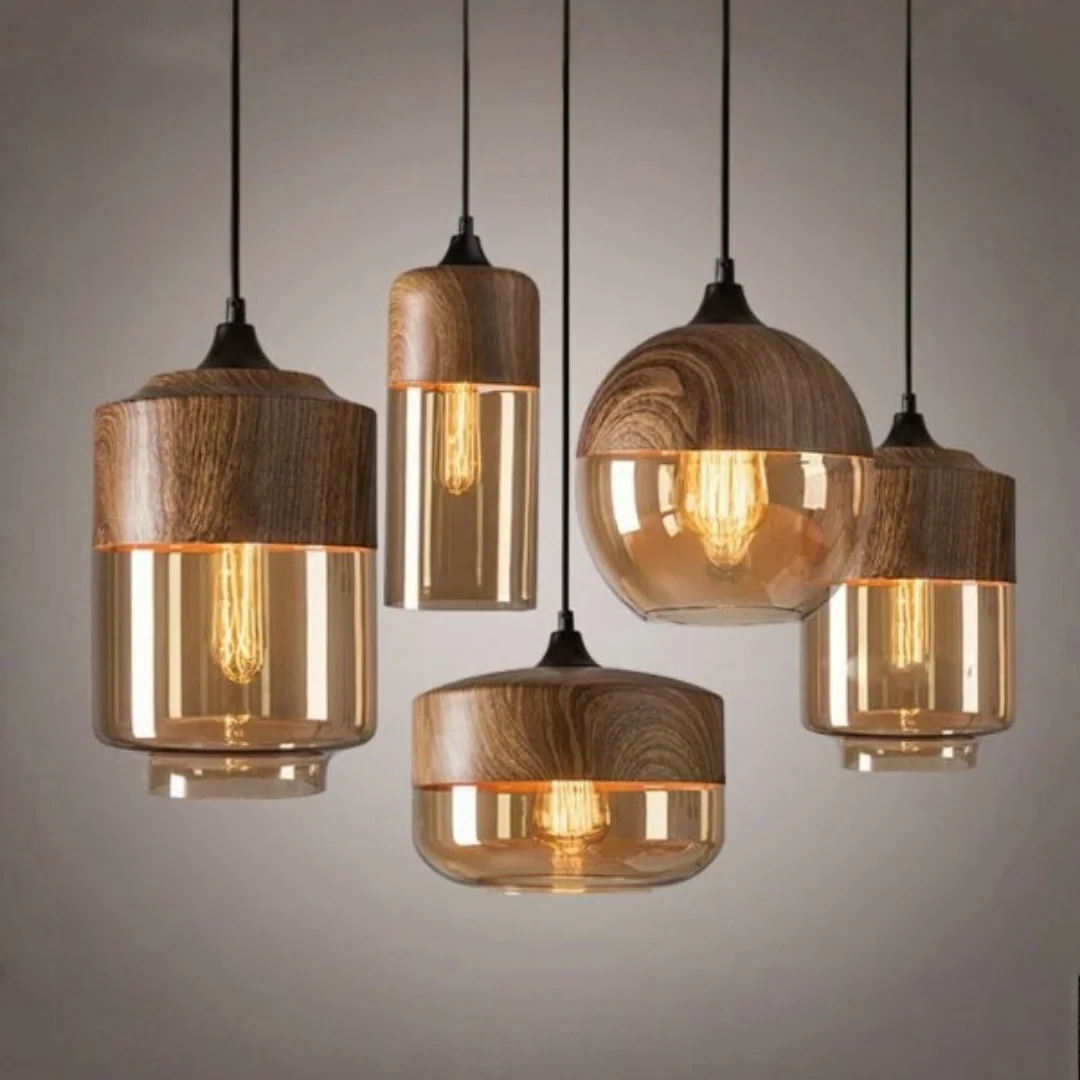 Pendente Metal e Vidro: design sofisticado e toque amadeirado